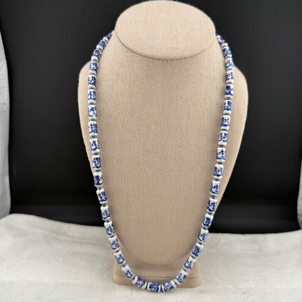 Vintage Chinese Ceramic Glazed Beaded Necklace Blue‎ White Delft 25"